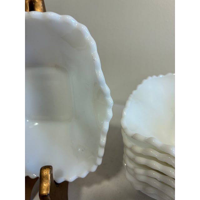Mid-Century Modern Vintage Milk Glass Ruffled Bowls With Quilted Diamond Pattern, Set of 8 For Sale - Image 3 of 10