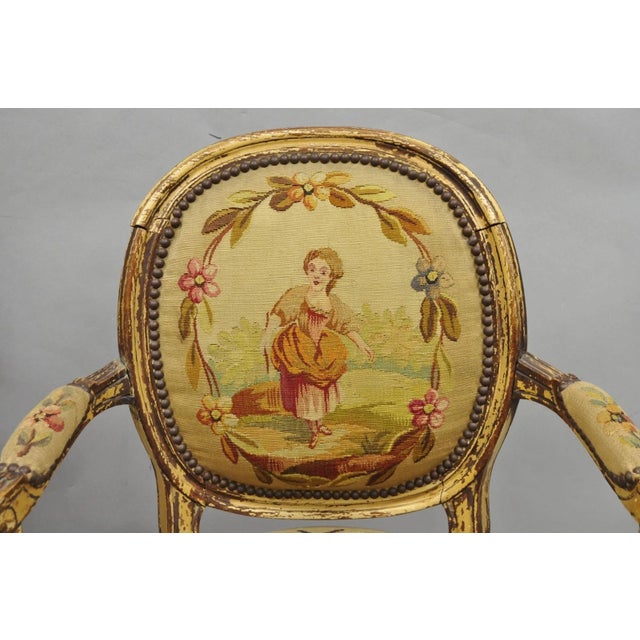 Late 19th Century Antique French Louis XVI Style Aubusson Tapestry Fauteuil Arm Chairs - A Pair For Sale - Image 5 of 18