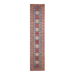 Rustic Kazak Light Blue/Beige Wool Runner Rug- 2'11''x13'6'' For Sale