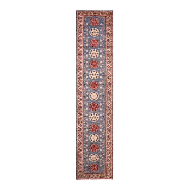 Rustic Kazak Light Blue/Beige Wool Runner Rug- 2'11''x13'6'' For Sale