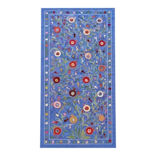 Blue Silk Suzani Wall Hanging With Floral Rosettes For Sale