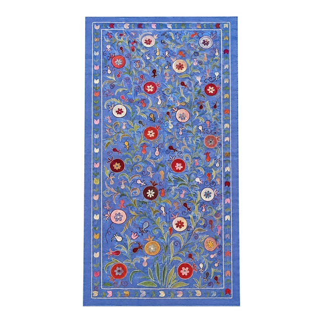 Blue Silk Suzani Wall Hanging With Floral Rosettes For Sale