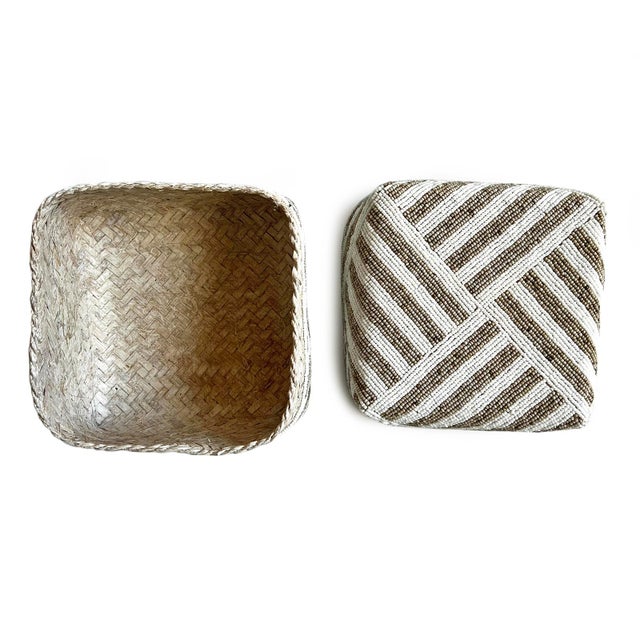 Early 21st Century Vintage Tan & White Striped Bamboo Beaded Box Medium For Sale - Image 5 of 9