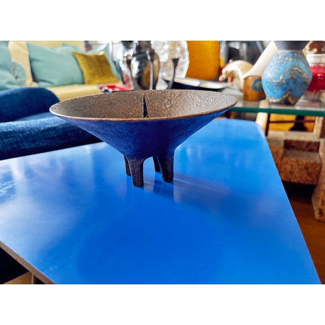 Rare Brutalist bronze candle holder attributed to Michael Harjes in perfect condition, textured bronze surface, bowl...