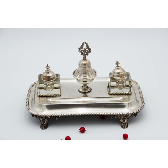 Silver Inkwell with Glass Tanks, Bell and Cord Base For Sale - Image 6 of 6