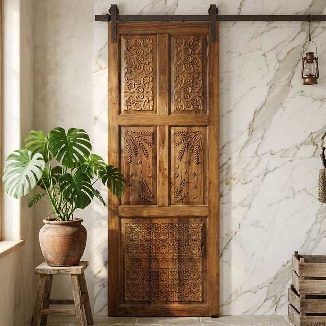 Wood Vintage Artistic Carved Indian Wooden Door | Floral Hand-Carved Barn Door Statement Piece 96 For Sale - Image 7 of 7