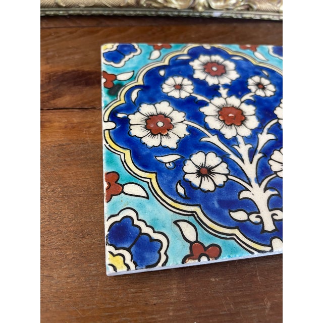 Ceramic Hand-Painted Glazed Ceramic Tile With Ottoman Floral Motif in Cobalt and Turquoise. For Sale - Image 7 of 8