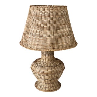 Vintage Coastal Wicker Table Lamp and Shade For Sale