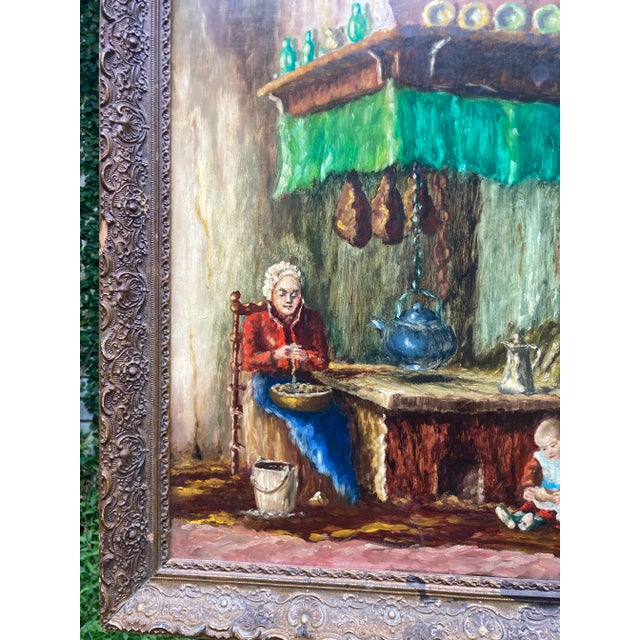Large 1950s Dutch Interior Scene Figurative Oil Painting, Framed Mother and Child Kitchen Scene For Sale In Houston - Image 6 of 13