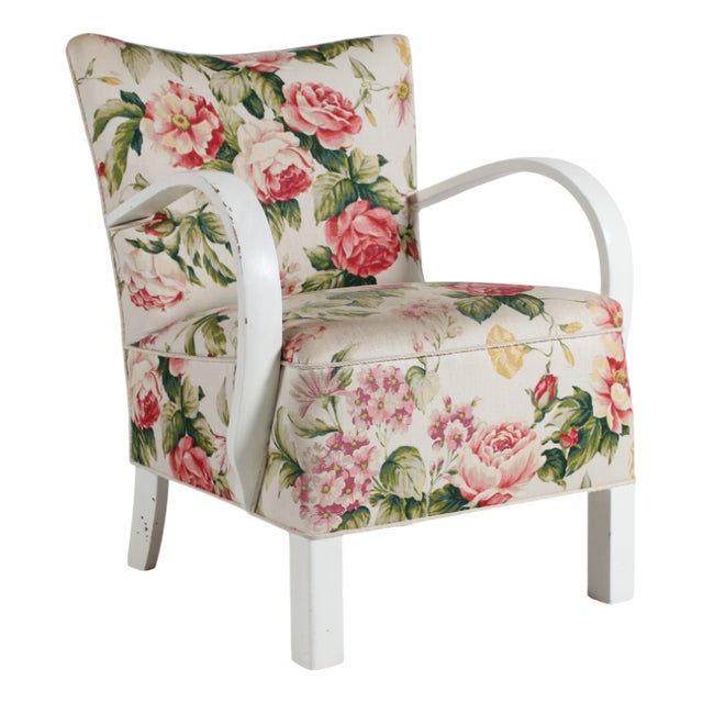 Danish Club Chair with Floral Fabric and White Hand-Painted Frame from Josef Frank, 1940s For Sale