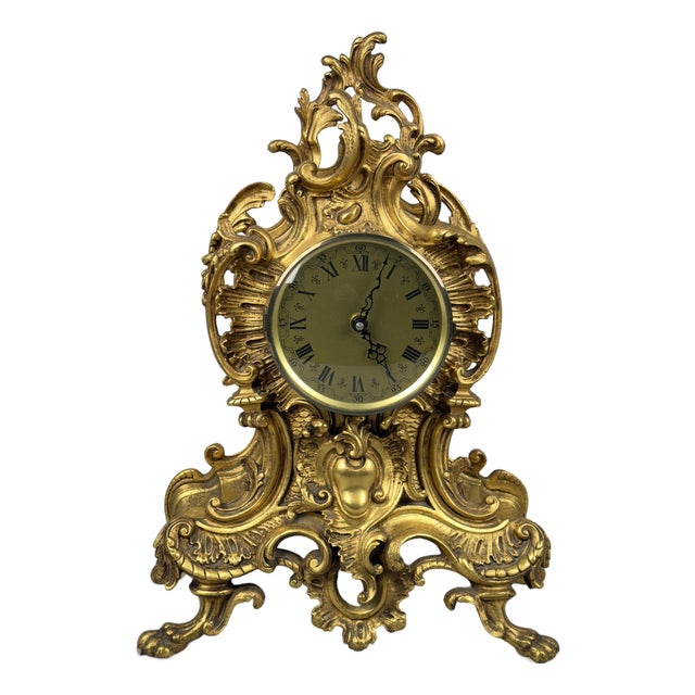 Antique Louis XV Rococo Quartz Gilded Brass Mantel Clock, 1900s For Sale