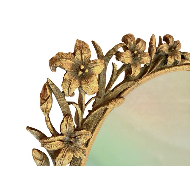 Antique French Gilt Bronze Vanity Mirror Tray With Sculptural Lily Handles, Art Nouveau For Sale - Image 4 of 7