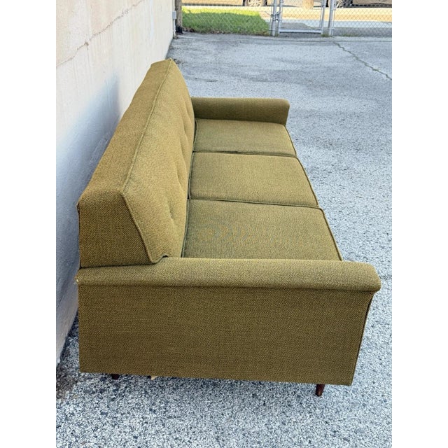 Vintage Mid Century Modern Greenish Brown Tufted 82" Sofa Couch W/ Walnut Legs For Sale - Image 12 of 18