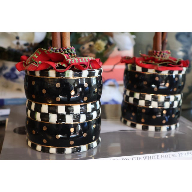 MacKenzie-Childs Courtly Check Holiday Boxwood Topiary Trees With Gold Accents — A Pair For Sale - Image 16 of 18