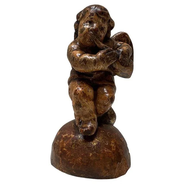Spanish Gilded and Polychrome Wooden Cherub, 1930s For Sale - Image 12 of 12