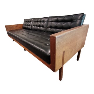Vintage Mid-Century Modern Wood Tuxedo Sofa Milo Baughman Style For Sale
