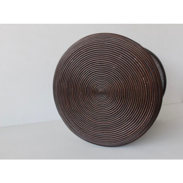 Vintage Sculptural Dark Bamboo Rattan Hourglass Bowtie Pedestal Table For Sale - Image 14 of 15