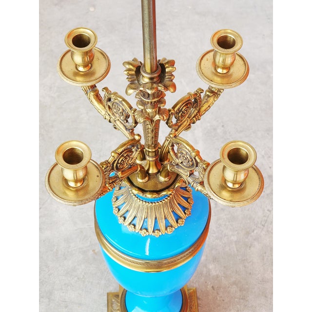 Blue Antique French Blue Opaline Glass & Bronze Candelabra Table Lamp For Sale - Image 8 of 14