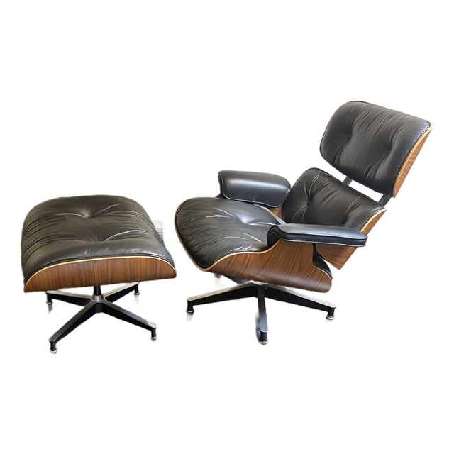 Authentic Herman Miller Eames Lounge Chair & Ottoman — Walnut Shells, Black Leather, Dated & Labeled November 2001 For Sale