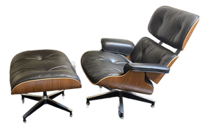 Authentic Herman Miller Eames Lounge Chair & Ottoman — Walnut Shells, Black Leather, Dated & Labeled November 2001