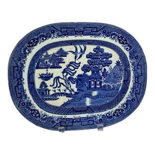 Vintage British Anchor Pottery Co. "Willow" Blue Transferware Oval Serving Platter England 1945 For Sale