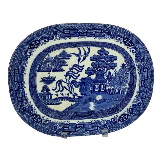 Vintage British Anchor Pottery Co. "Willow" Blue Transferware Oval Serving Platter England 1945 For Sale