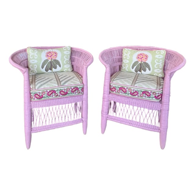 Pair of Pink Wicker Chairs Palm Beach Style For Sale