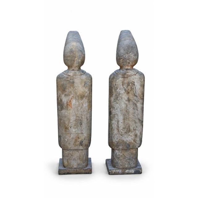 Pair Monumental Antique 48" Solid Stone Chinese Court Lady Figure Statues Tang Style For Sale - Image 9 of 18