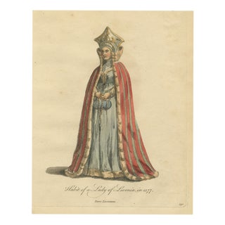 Jefferys, Habit of a Lady of Livonia in 1577, Hand Colored Jefferys Costume Plate, 1757, Engraving For Sale