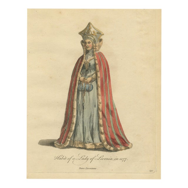 Jefferys, Habit of a Lady of Livonia in 1577, Hand Colored Jefferys Costume Plate, 1757, Engraving For Sale