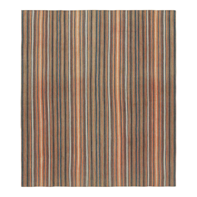 1950s Vintage Jajim Qashqai Persian Kilim With Blue & Peach Stripes by Rug & Kilim For Sale