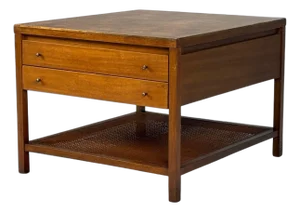 Paul McCobb, Leather, Cane, Brass, Side Table, Usa, 1950s