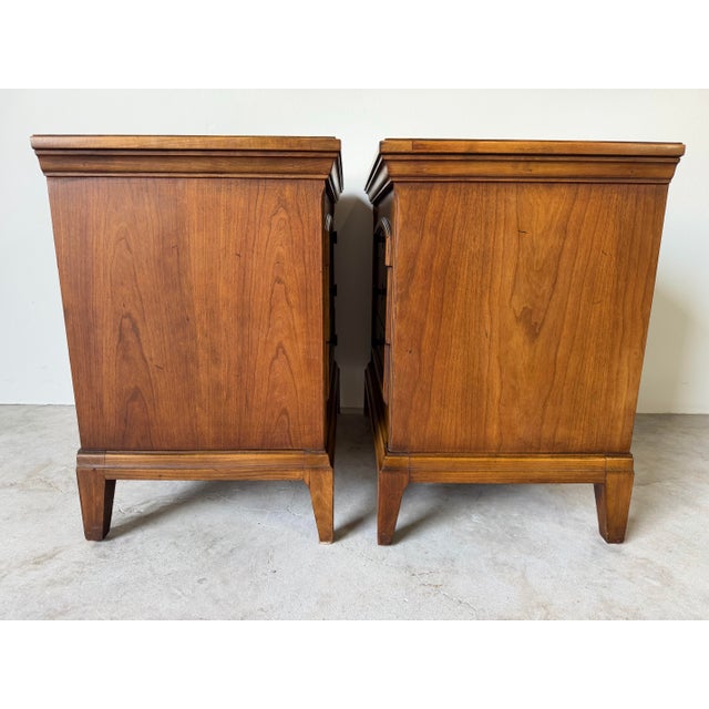 Brown 1970s Mid-Century Burl Wood Three-Drawer Nightstands – Pair For Sale - Image 8 of 13