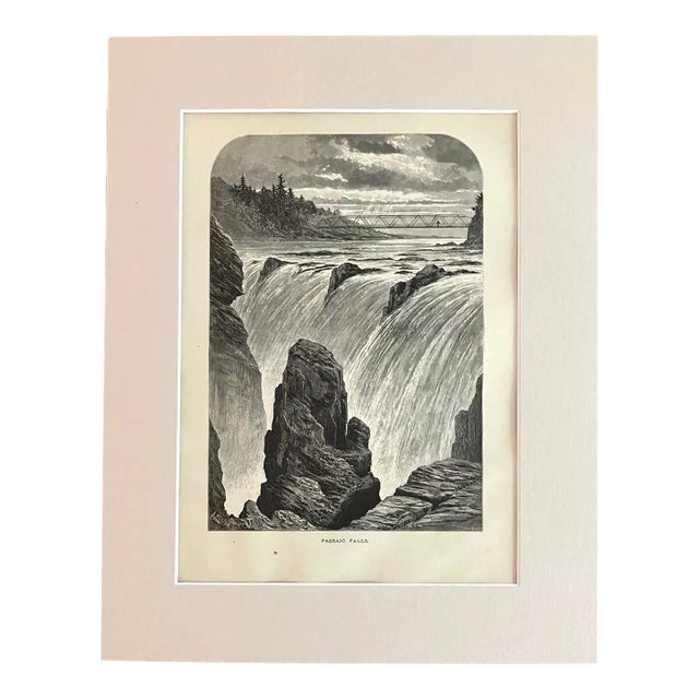 Antique 1874 Wood Engraving "Passaic Falls" New Jersey in 11x14 Frame-Ready Mat For Sale