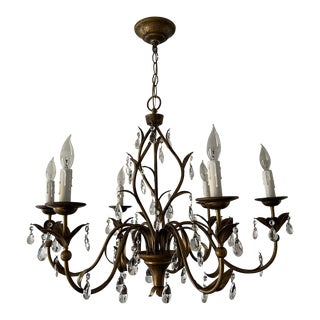 Vintage Mid 20th Century 6 Light Tole Gold Chandelier With Crystals For Sale