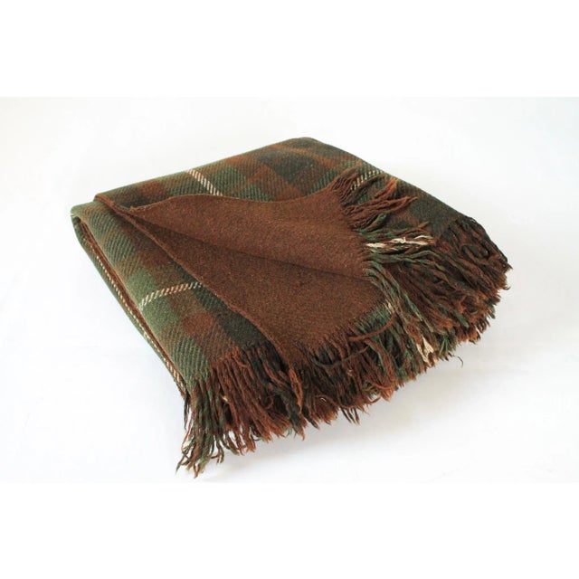 Vintage Army Green & Brown Plaid Wool Blanket For Sale - Image 9 of 15