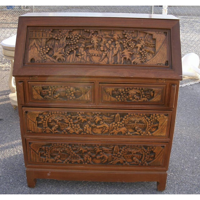 20th Century Asian Elaborately Hand Carved Secretary Desk Chairish