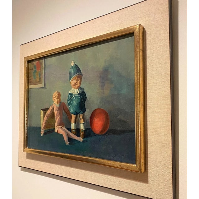 Antique Still-Life Oil Painting depicting toys and dolls. Framed.