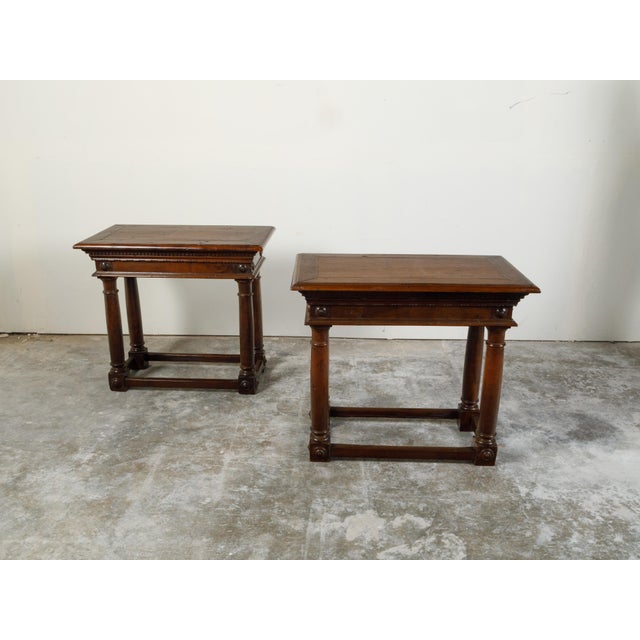 Pair of Italian 19th Century Carved Walnut Console Tables with Doric Columns For Sale - Image 11 of 12