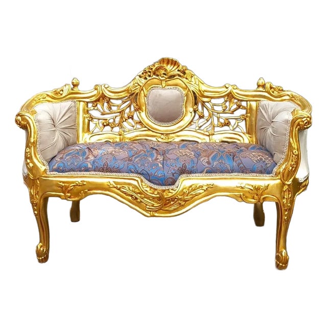 1980s French Louis XVI Settee in Gilded Beech, Blue Damask & Tan Velvet For Sale