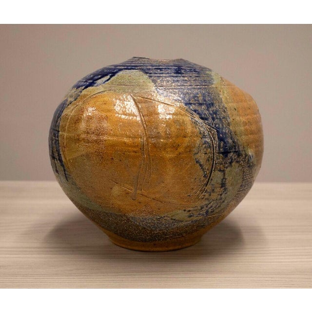 Mid-Century Modern Mid Century Modern Glazed Studio Pottery Vessel Cobalt Blue with Earth Tones For Sale - Image 3 of 9