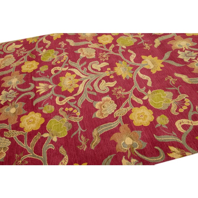 2010s Handmade Red Modern Nepalese Designed Floral Wool & Silk Rug For Sale In New York - Image 6 of 7