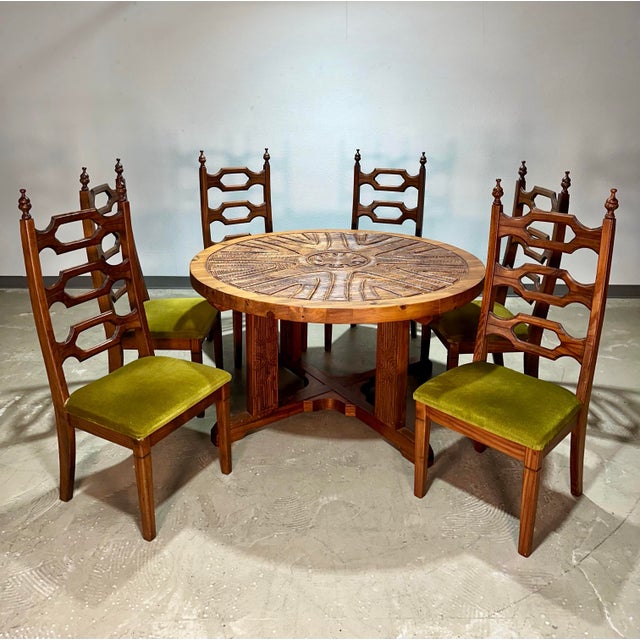 Set of 6 Vintage Mid Century Brutalist Dining Chairs. An unusual and scare set of pine chairs with original green velvet...