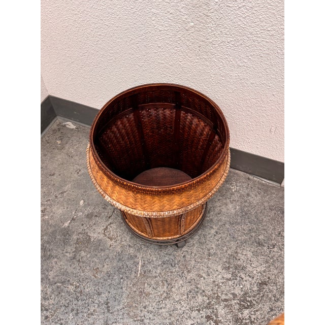Traditional Woven Rattan Drum Side Table + Glass Top, Vintage For Sale - Image 3 of 12