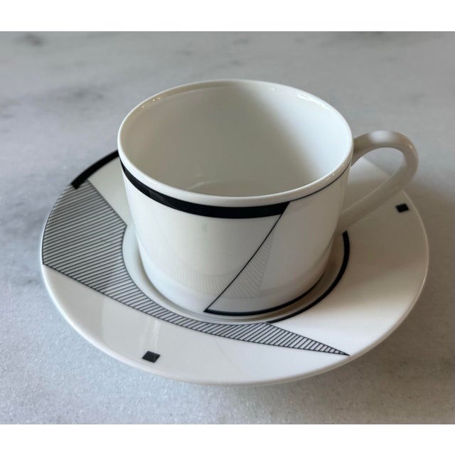 Set of 6 vintage porcelain coffee cups and saucers (12 total pieces) in the Angles pattern by Christopher Stuart (Optima...