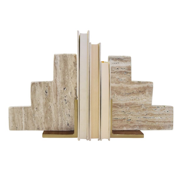 Contemporary Matthew Izzo Home Steps Natural Travertine and Brass Stair Bookends - Pair For Sale - Image 3 of 5