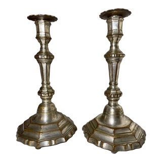 Fine Pair of 18th Century Louis XIV French Silvered Bronze Candlesticks Boulle For Sale