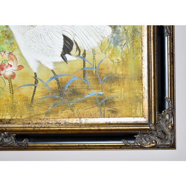 Black Vintage Large Heron Birds and Floral Oil Painting in Ornate Black/Gold Frame For Sale - Image 8 of 10