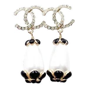 Chanel Brand New Gold Scallop CC Black Flower Pearl Large Piercing Earrings - 2 Pieces