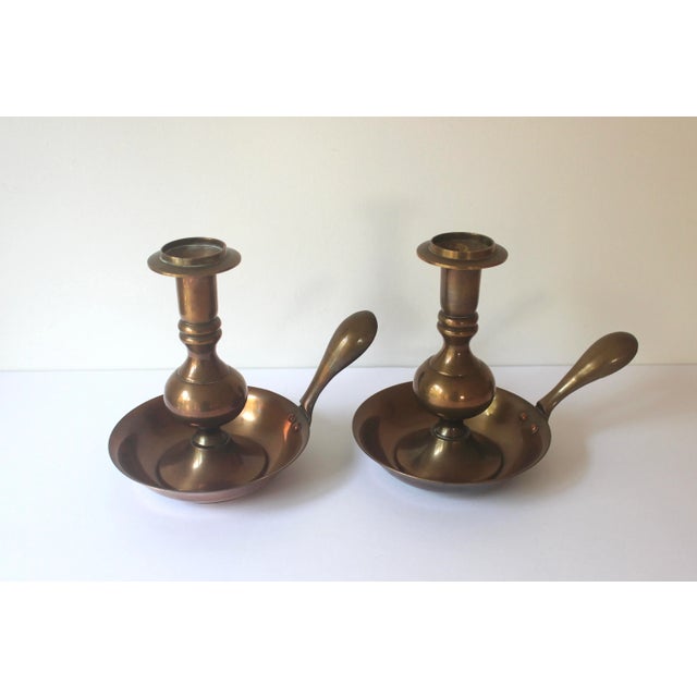 1970s Vintage Brass Candle Holders Pair of Chamber Sticks Solid Brass and Copper Rivets For Sale - Image 4 of 10